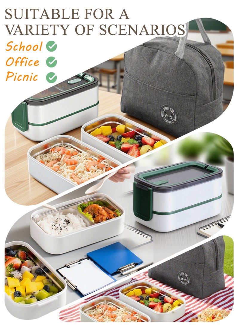 Stainless Steel Lunch Box (1400ml) – Double-Layer, Microwave-Safe, Made of 304 Leakproof Stainless Steel – Detachable with Thermal Insulation – Ideal for Adults, Students, Office, or School – Includes Thermal Bag and Cutlery. - Image 4